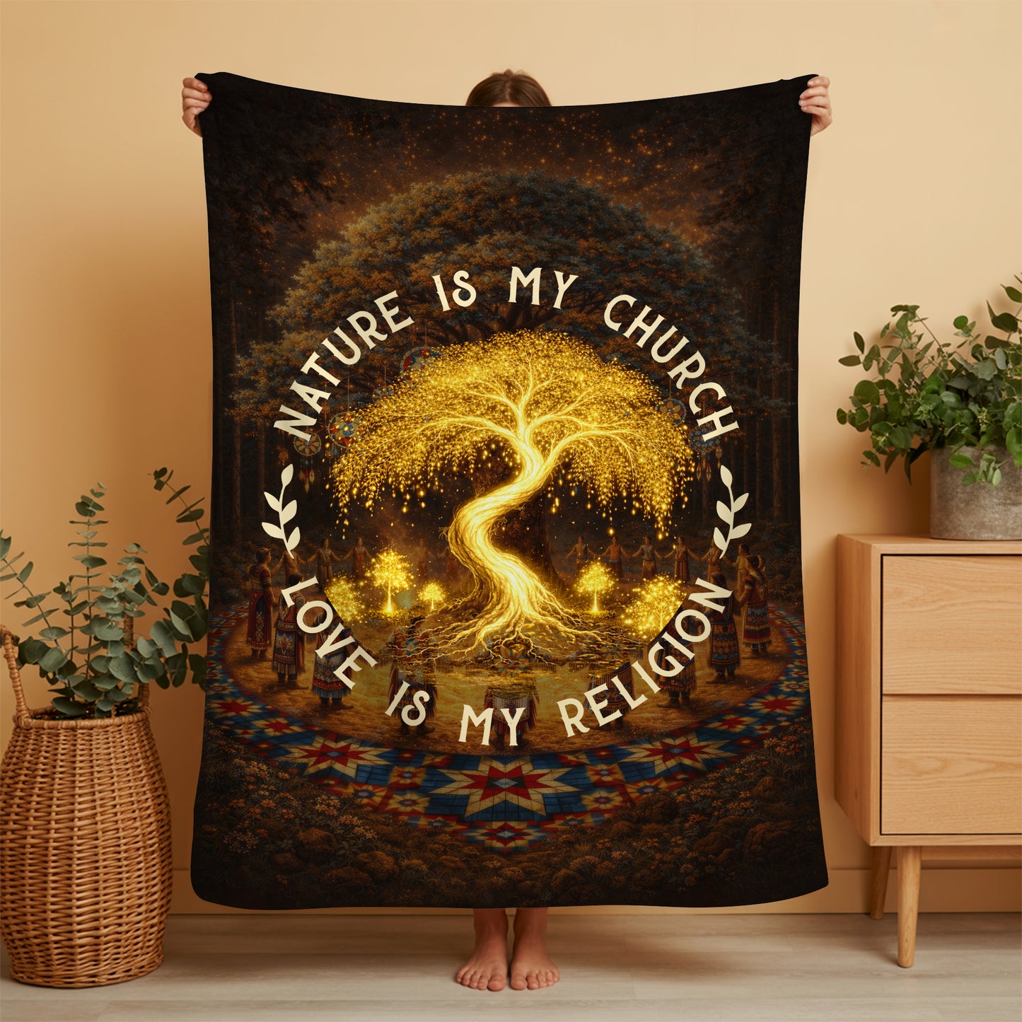 "Nature Is My Church, Love Is My Religion" - Mystical Glowing Tree Design For Blanket Soft and Warm