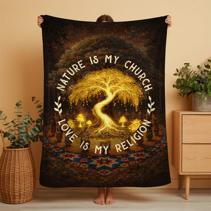 "Nature Is My Church, Love Is My Religion" - Mystical Glowing Tree Design For Blanket Soft and Warm