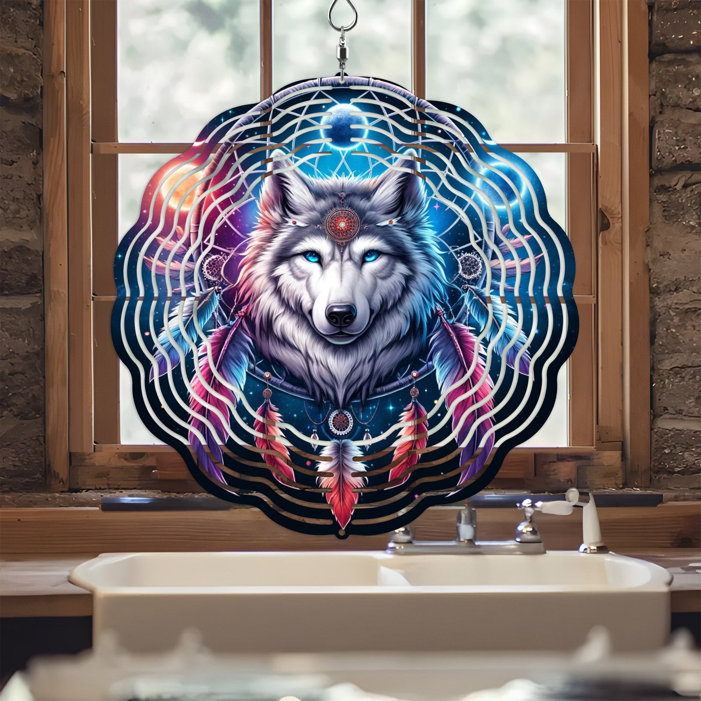 Colorful Native American Wolf Wind Spinner 003