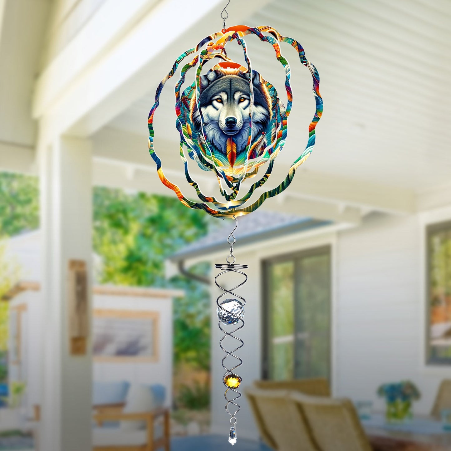 Colorful Native American Wolf Wind Spinner 004