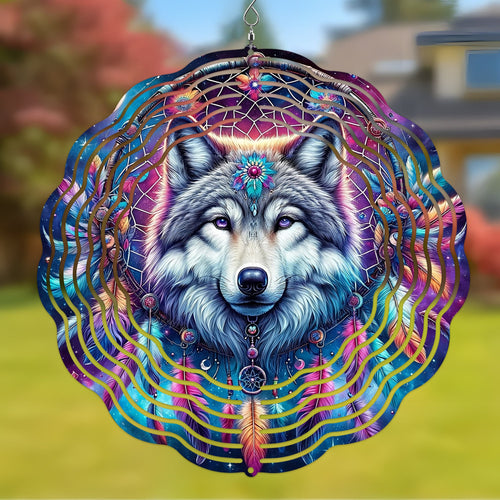 Colorful Native American Wolf Wind Spinner 011