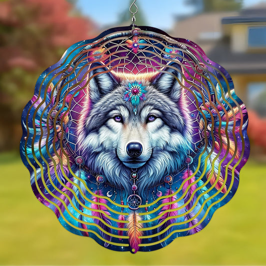 Colorful Native American Wolf Wind Spinner 011