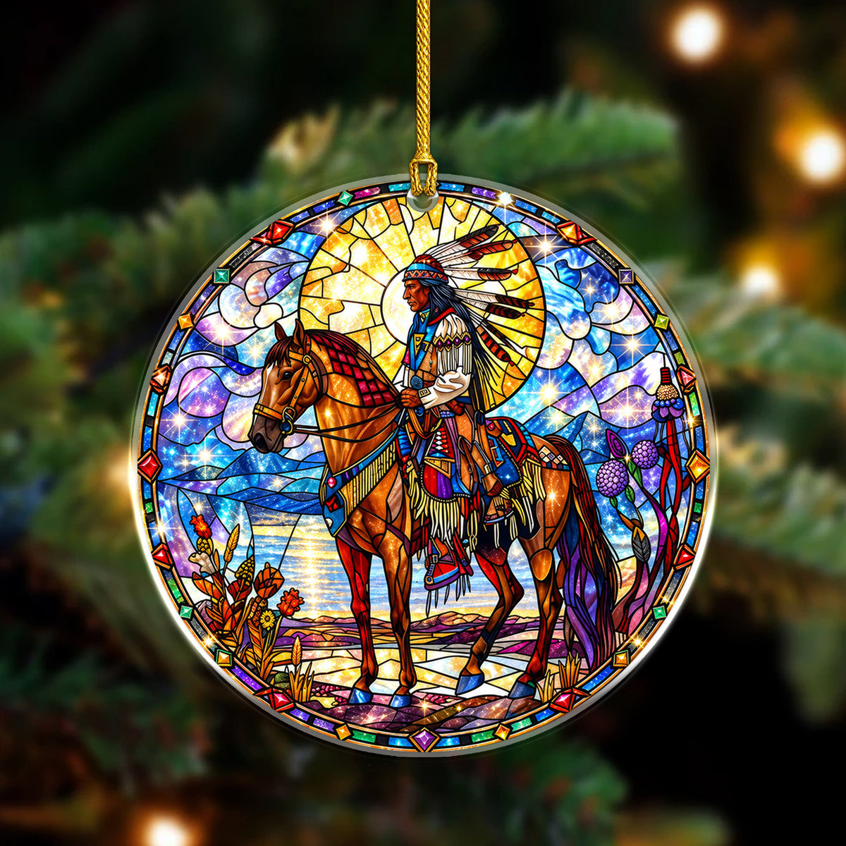 Native American Horse Rider Stained Glass Acrylic Christmas Tree Decor
