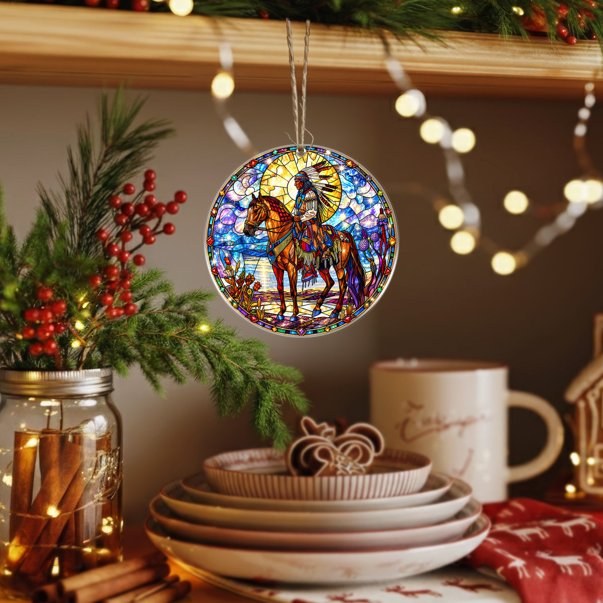 Native American Horse Rider Stained Glass Acrylic Christmas Tree Decor