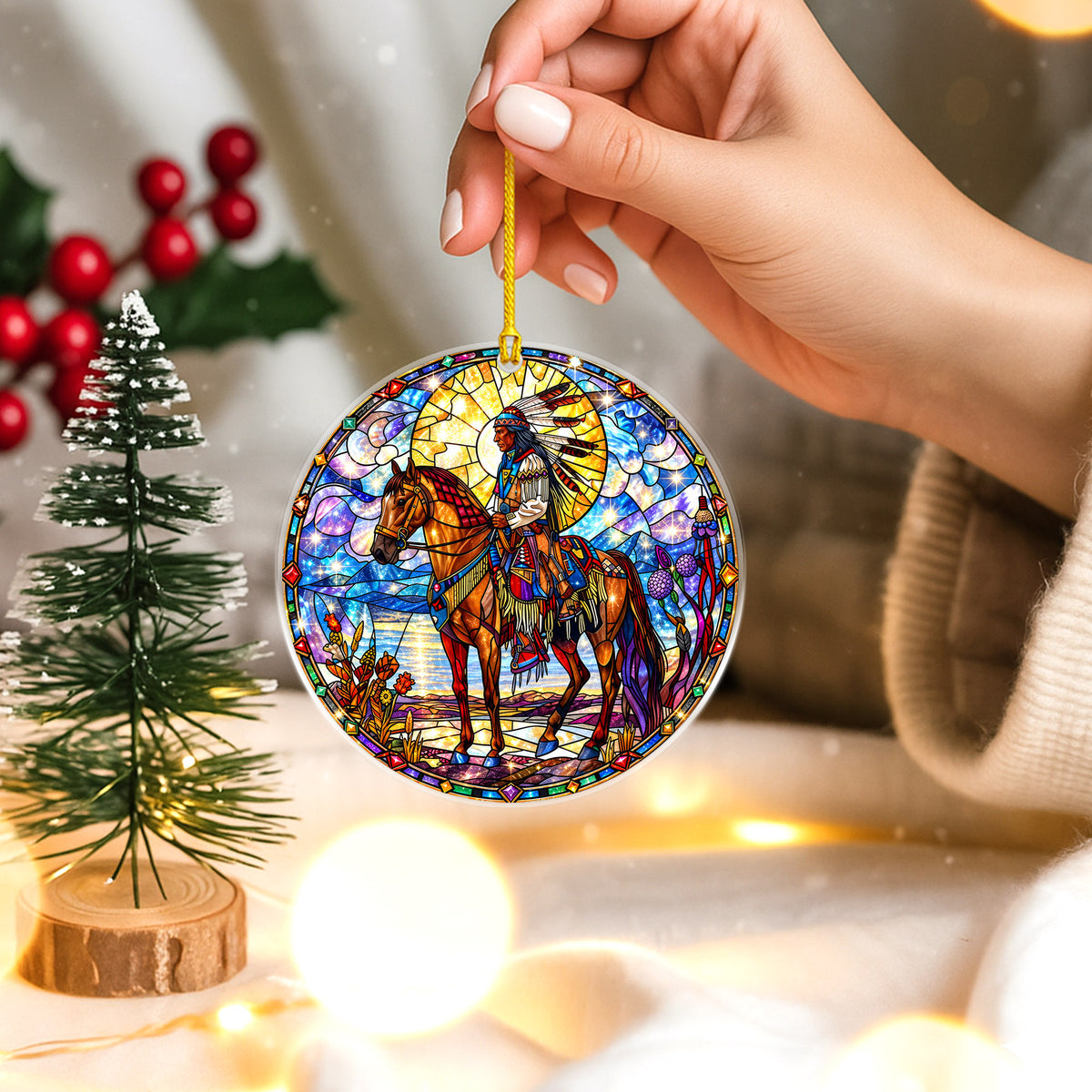 Native American Horse Rider Stained Glass Acrylic Christmas Tree Decor