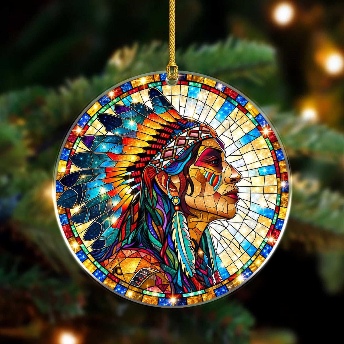 Native American Chief Stained Glass Acrylic Christmas Tree Decor