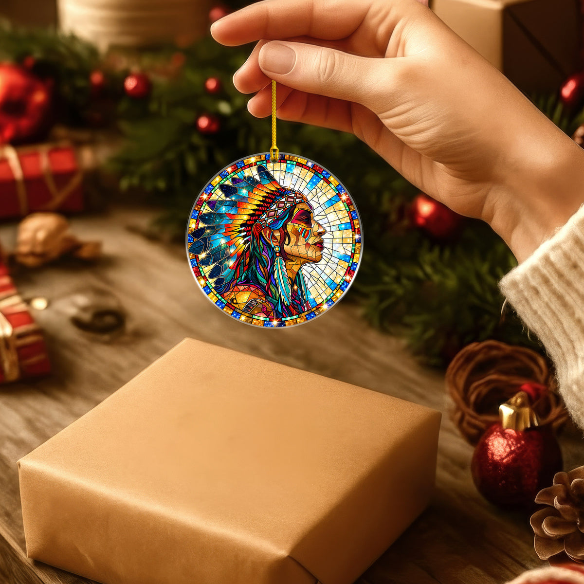 Native American Chief Stained Glass Acrylic Christmas Tree Decor