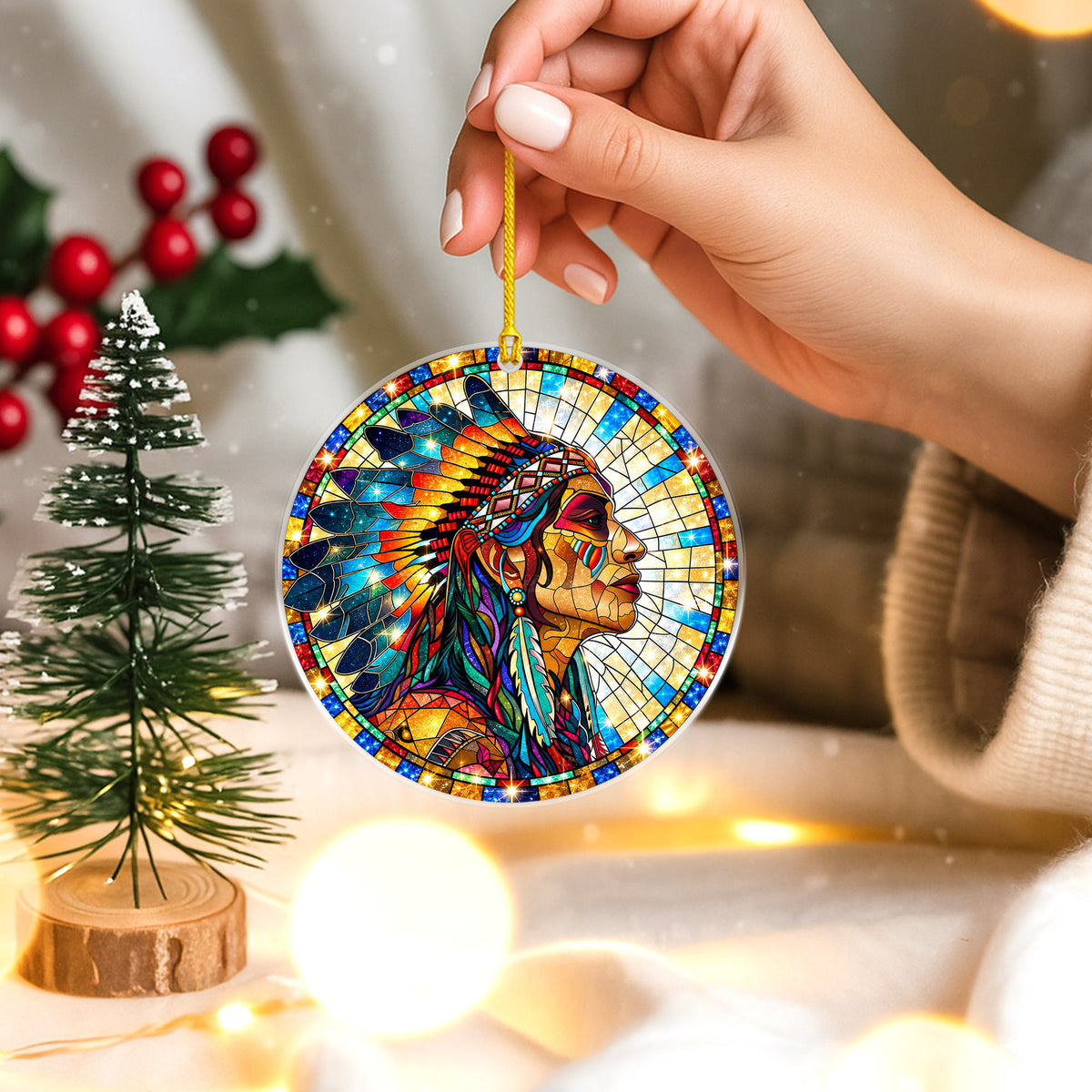 Native American Chief Stained Glass Acrylic Christmas Tree Decor
