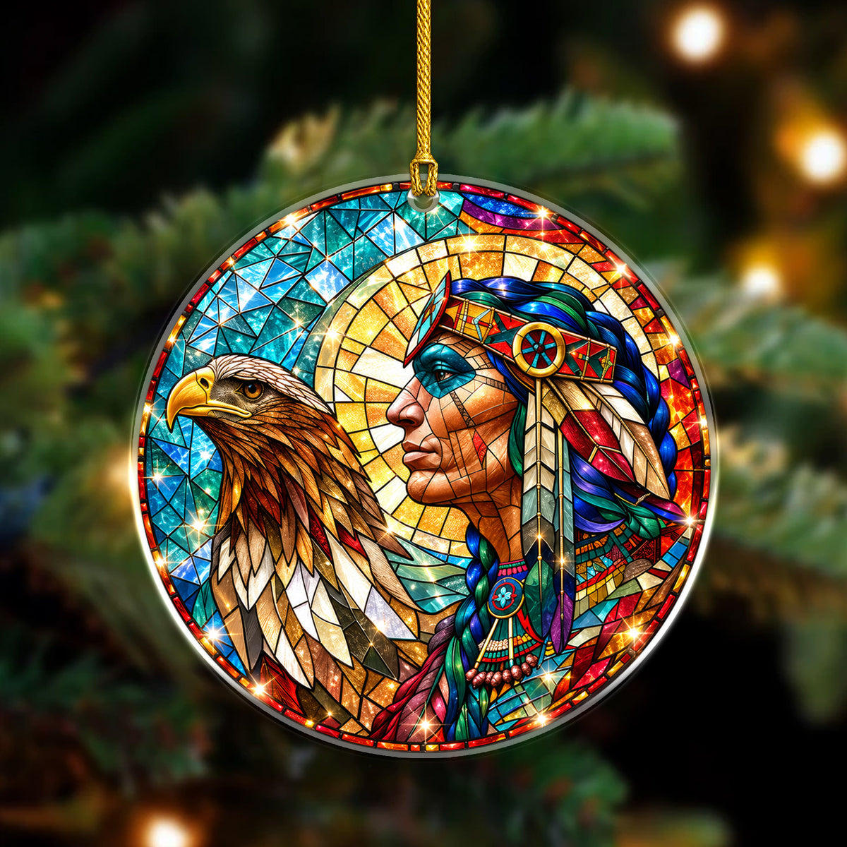 Native American Warrior Eagle Stained Glass Acrylic Christmas Tree Decor