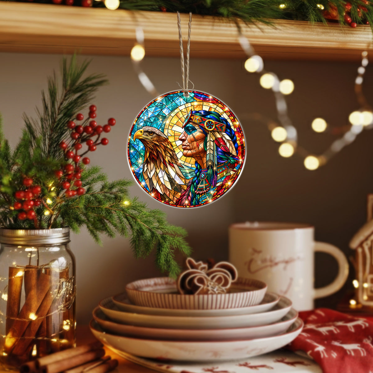 Native American Warrior Eagle Stained Glass Acrylic Christmas Tree Decor