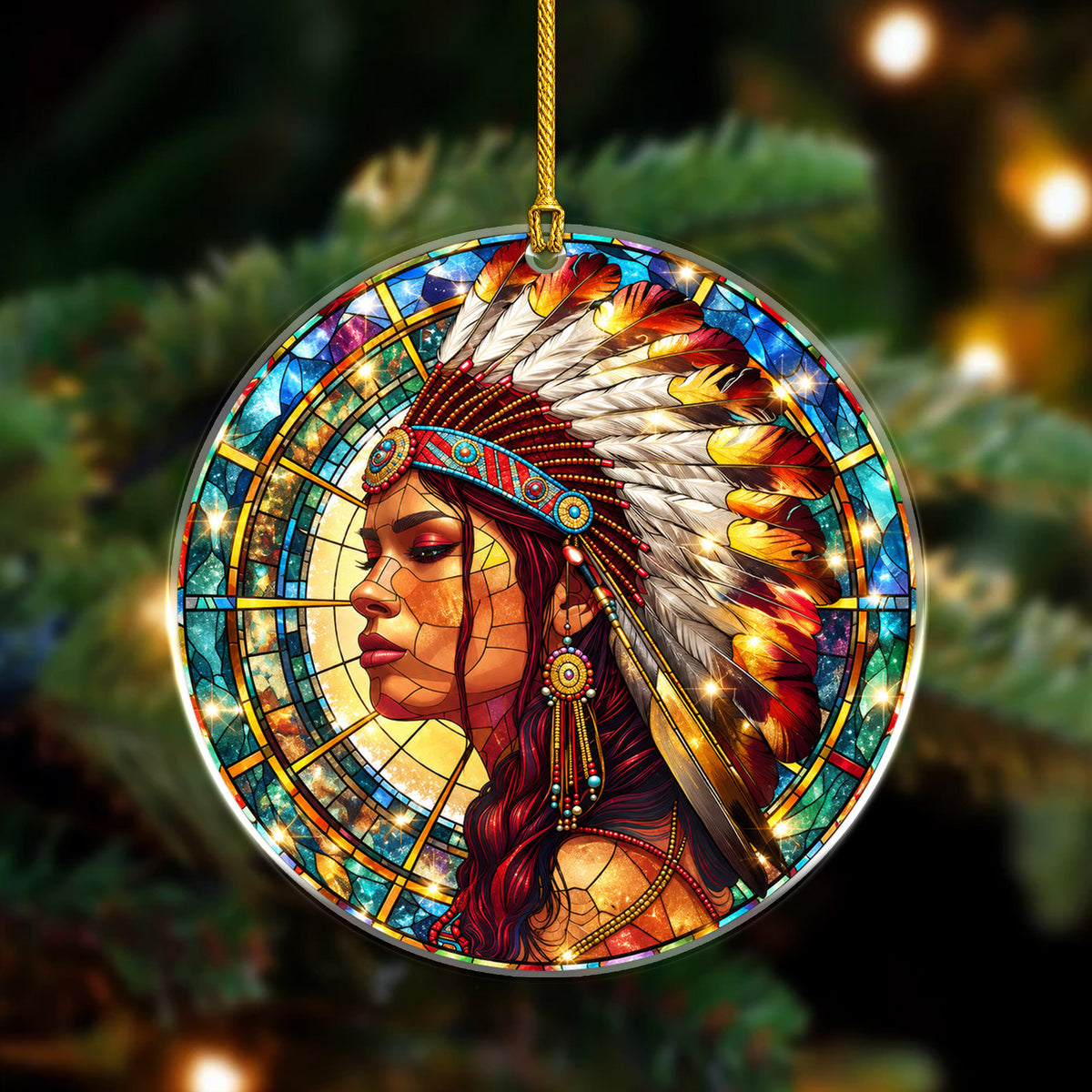 Native American Chief Woman Stained Glass Acrylic Christmas Tree Decor