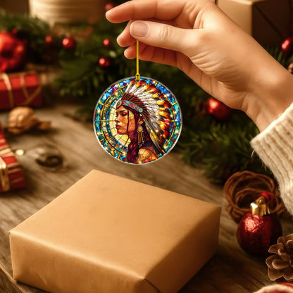 Native American Chief Woman Stained Glass Acrylic Christmas Tree Decor