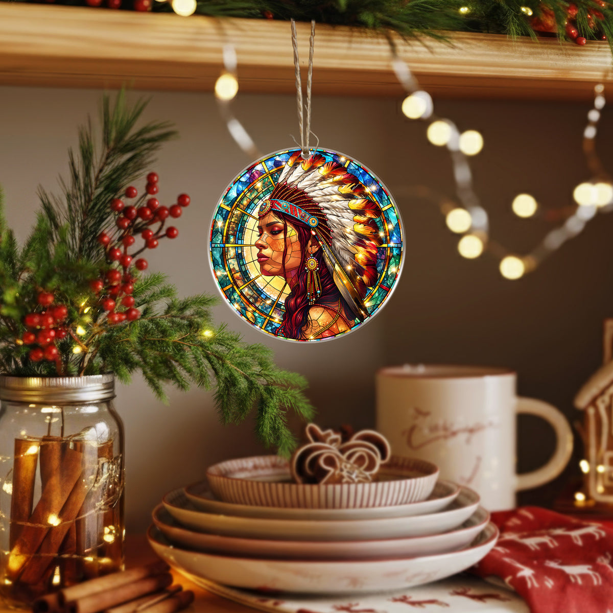 Native American Chief Woman Stained Glass Acrylic Christmas Tree Decor