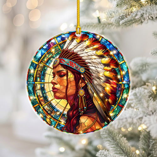 Native American Chief Woman Stained Glass Acrylic Christmas Tree Decor