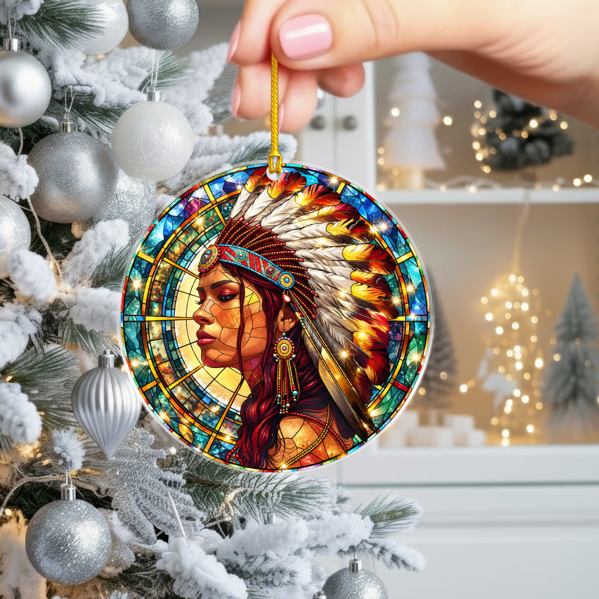 Native American Chief Woman Stained Glass Acrylic Christmas Tree Decor