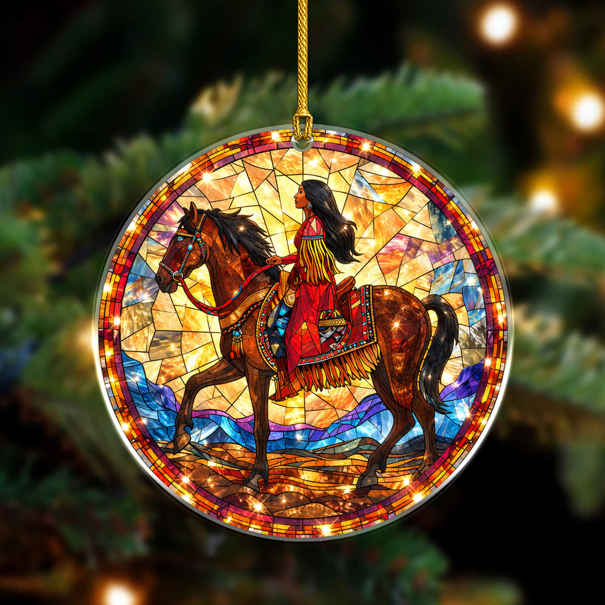 Native American Woman Horse Stained Glass Acrylic Christmas Tree Decor