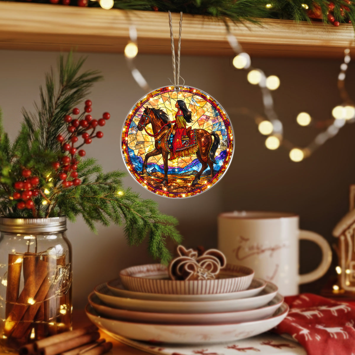 Native American Woman Horse Stained Glass Acrylic Christmas Tree Decor