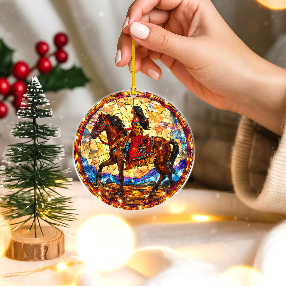 Native American Woman Horse Stained Glass Acrylic Christmas Tree Decor