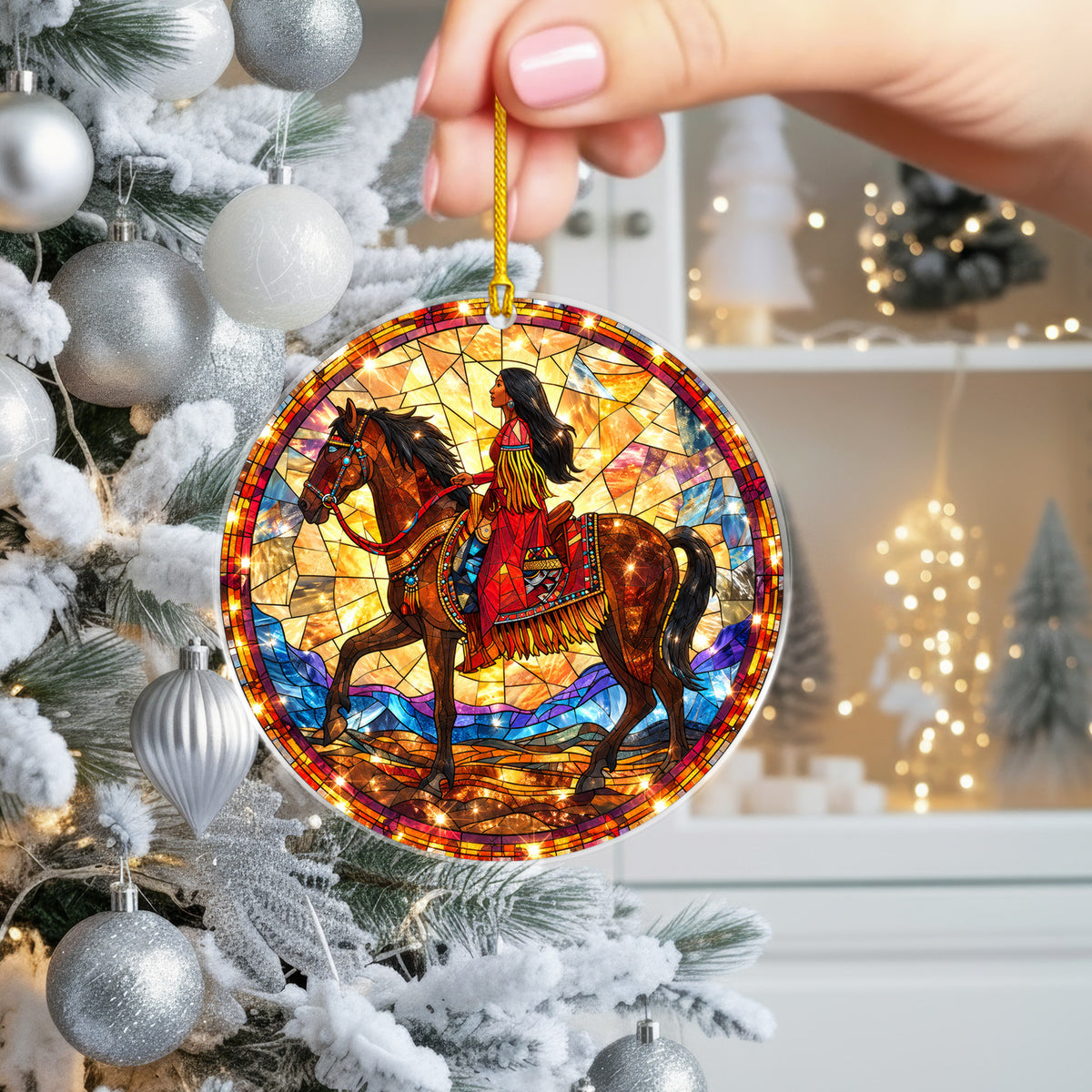 Native American Woman Horse Stained Glass Acrylic Christmas Tree Decor
