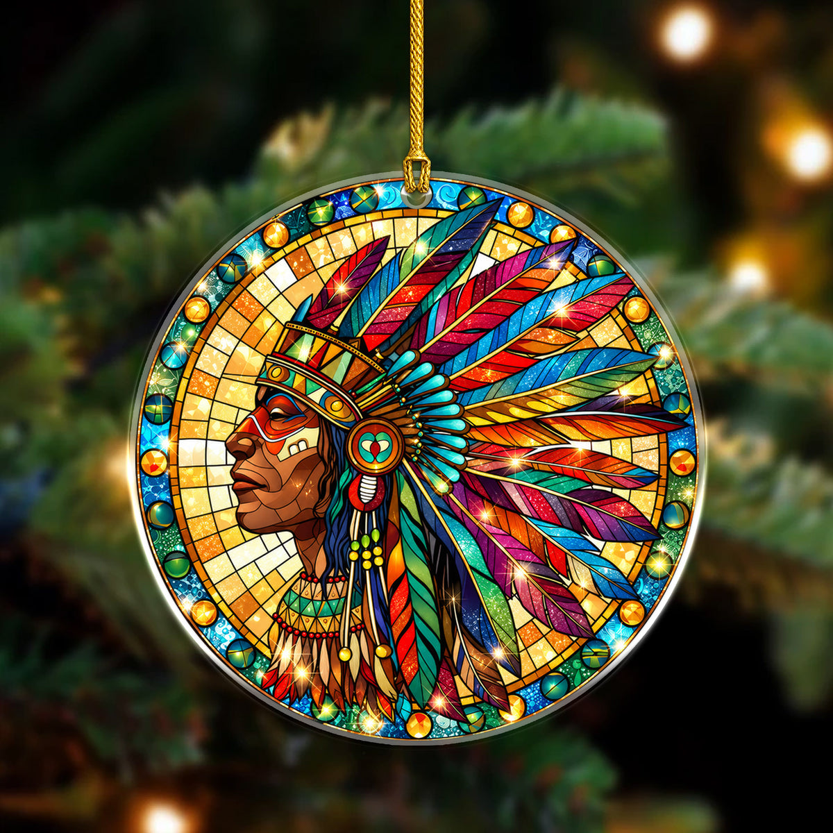 Native American Chief Stained Glass Acrylic Ornament Christmas Decor