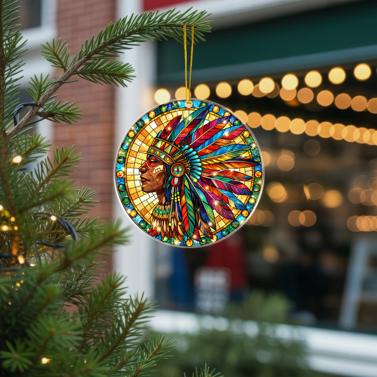 Native American Chief Stained Glass Acrylic Ornament Christmas Decor