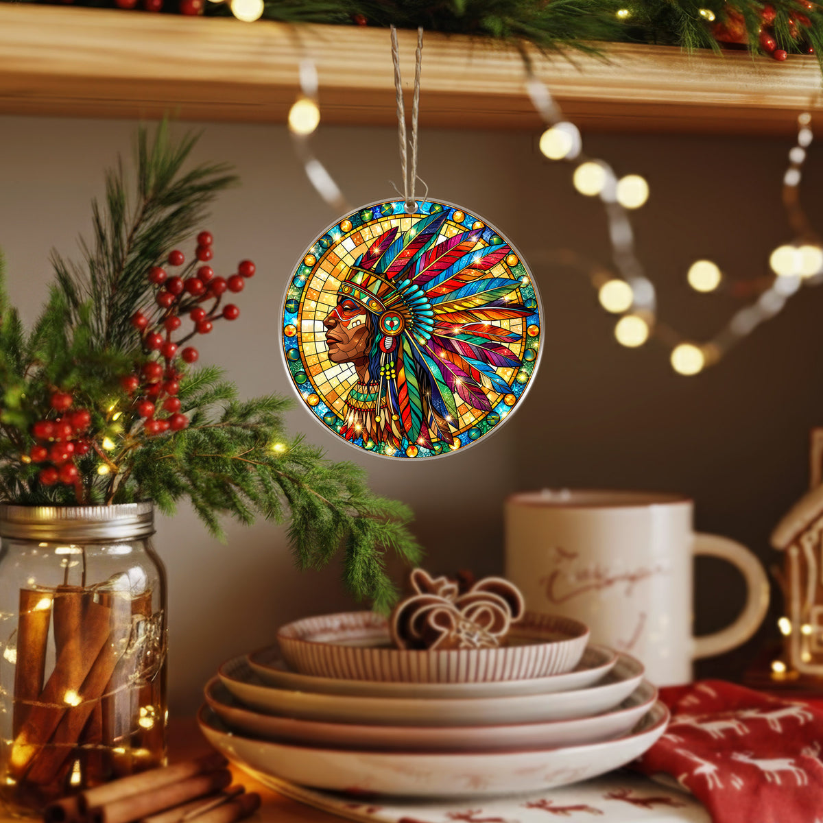 Native American Chief Stained Glass Acrylic Ornament Christmas Decor