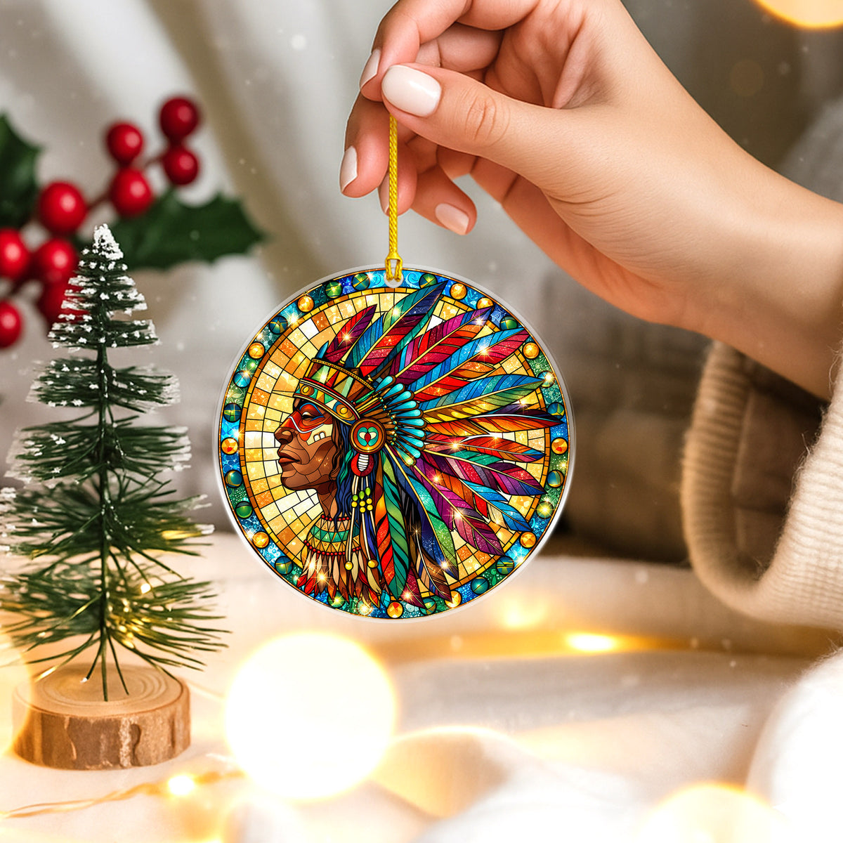 Native American Chief Stained Glass Acrylic Ornament Christmas Decor