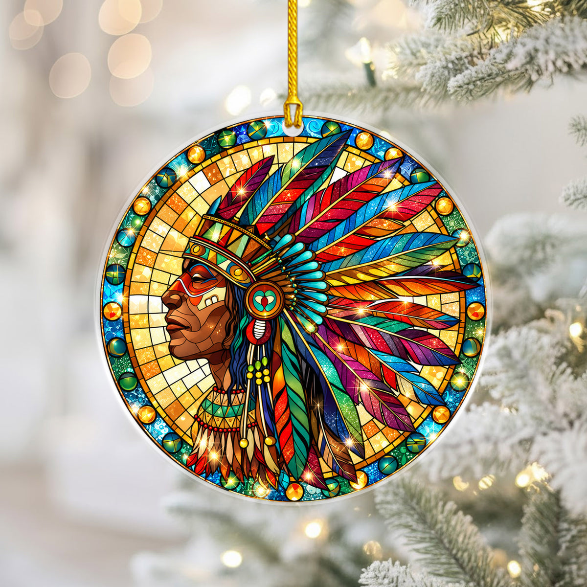 Native American Chief Stained Glass Acrylic Ornament Christmas Decor