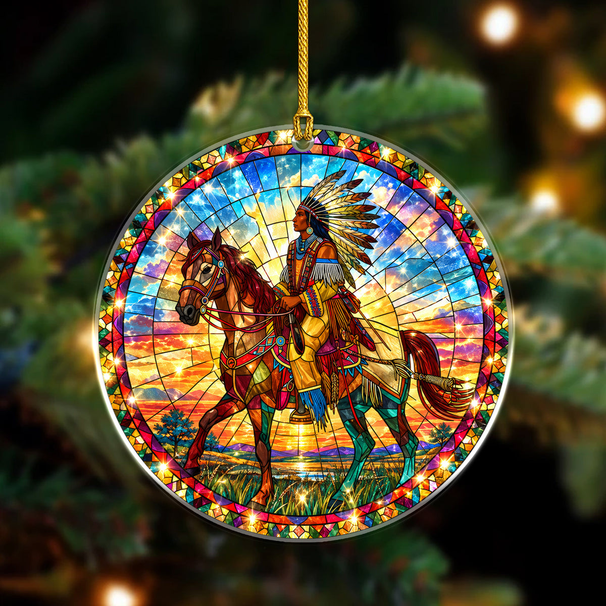 Native American Chief Horse Stained Glass Acrylic Ornament Christmas Decor