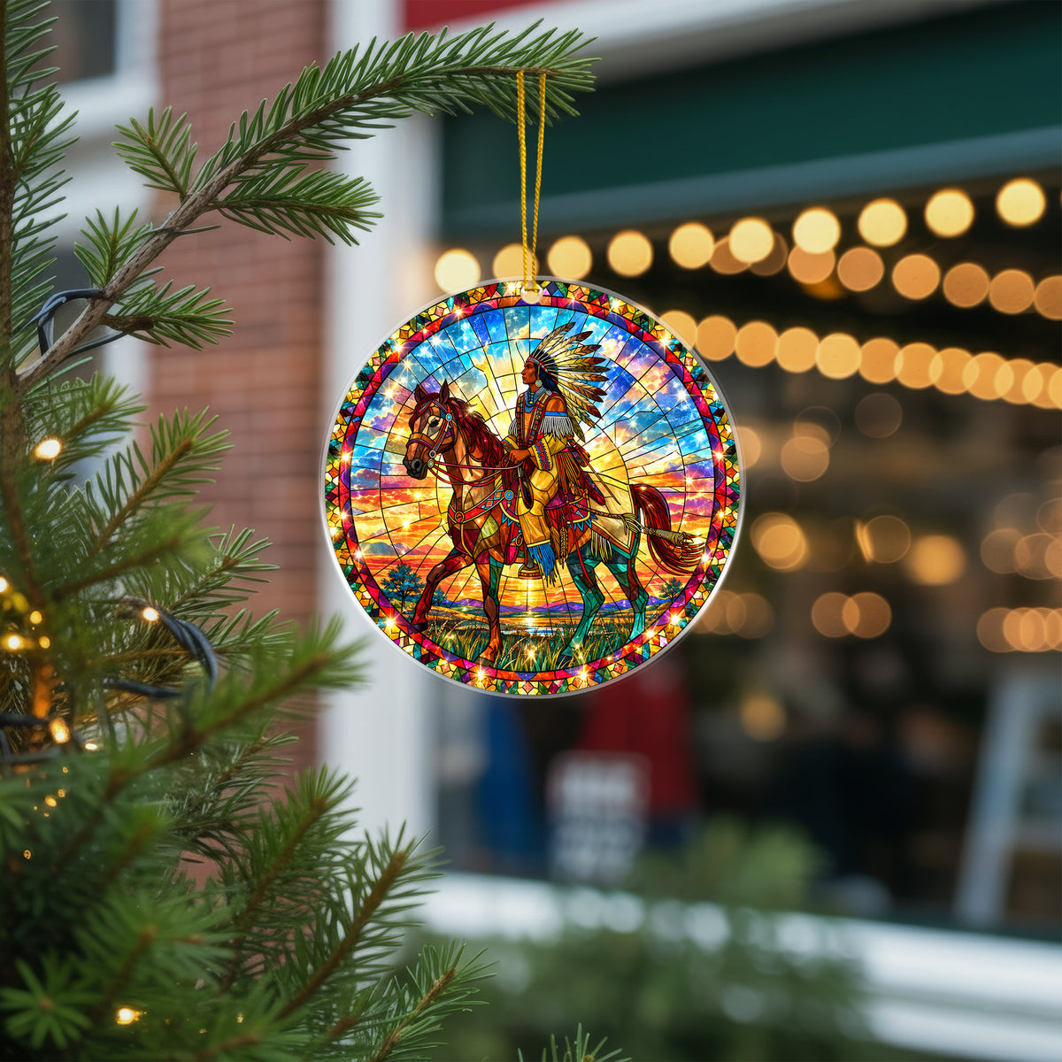 Native American Chief Horse Stained Glass Acrylic Ornament Christmas Decor