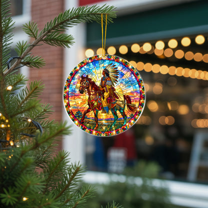 Native American Chief Horse Stained Glass Acrylic Ornament Christmas Decor