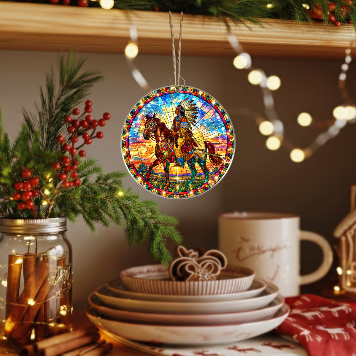 Native American Chief Horse Stained Glass Acrylic Ornament Christmas Decor