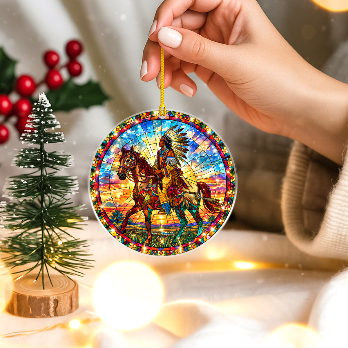 Native American Chief Horse Stained Glass Acrylic Ornament Christmas Decor