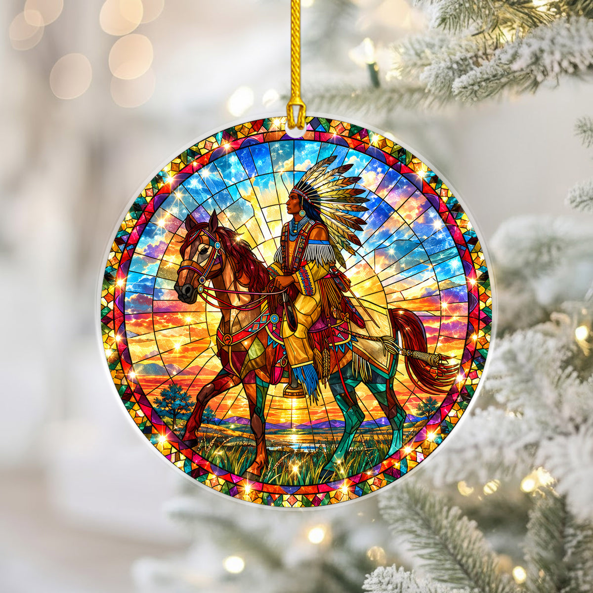 Native American Chief Horse Stained Glass Acrylic Ornament Christmas Decor