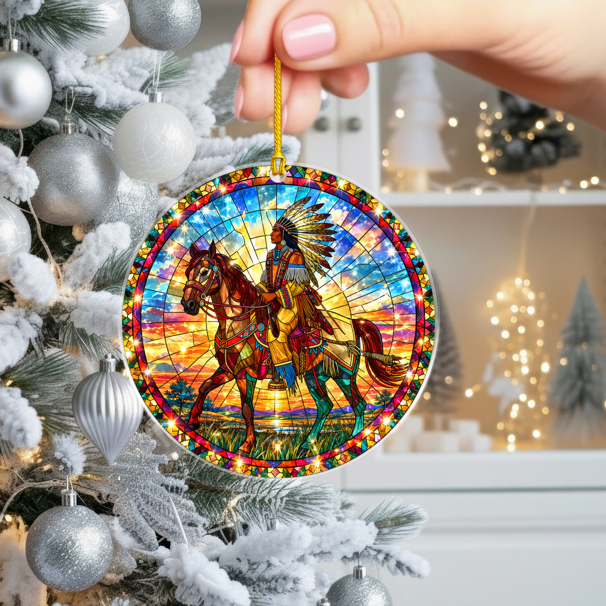 Native American Chief Horse Stained Glass Acrylic Ornament Christmas Decor