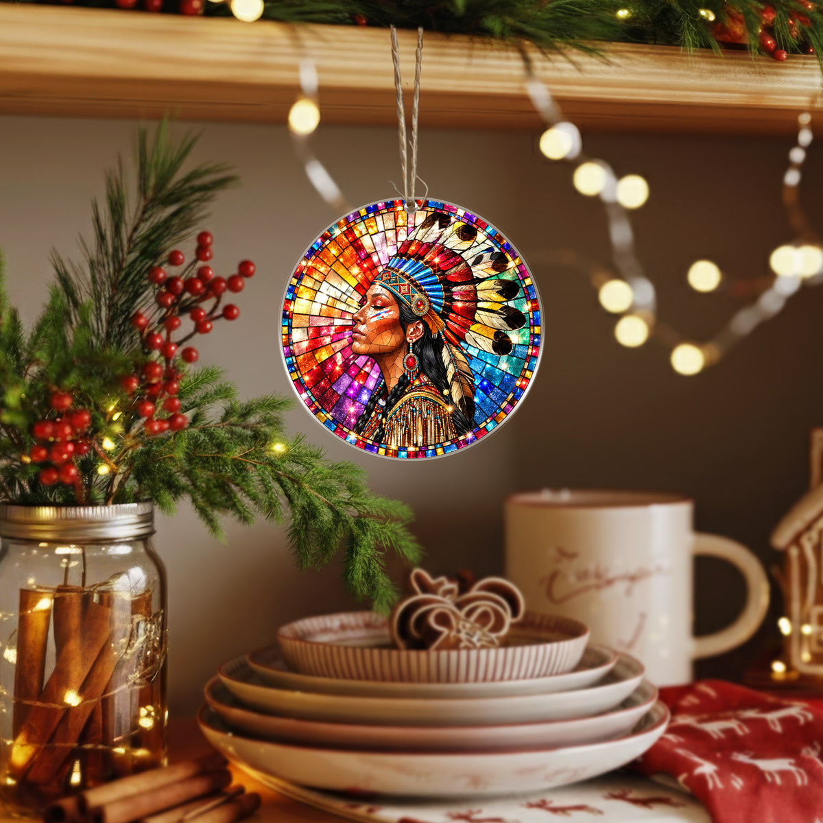 Native American Woman Stained Glass Acrylic Ornament