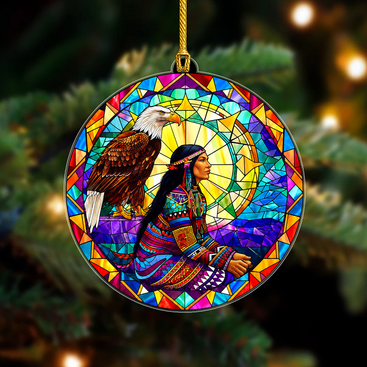 Native American Woman & Eagle Stained Glass Acrylic Ornament