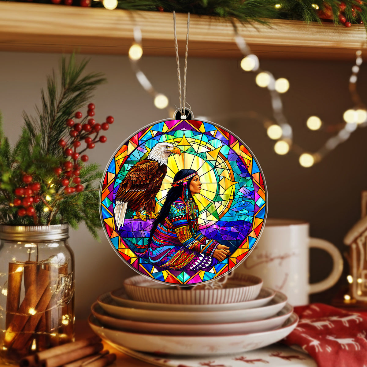 Native American Woman & Eagle Stained Glass Acrylic Ornament