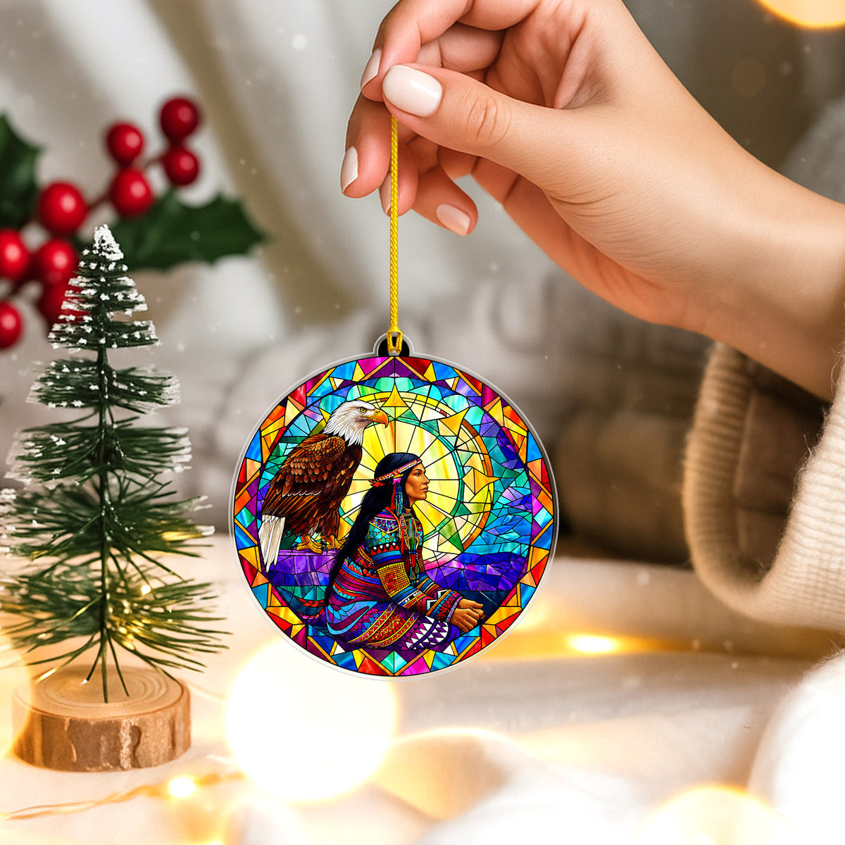 Native American Woman & Eagle Stained Glass Acrylic Ornament