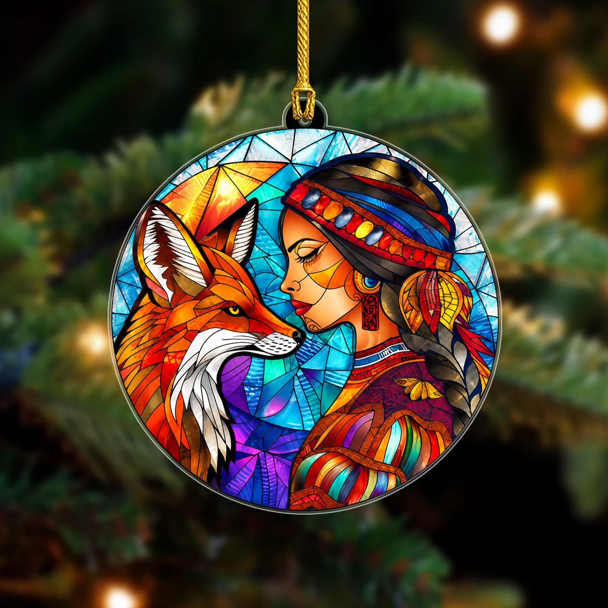Native American Woman & Fox Stained Glass Acrylic Ornament