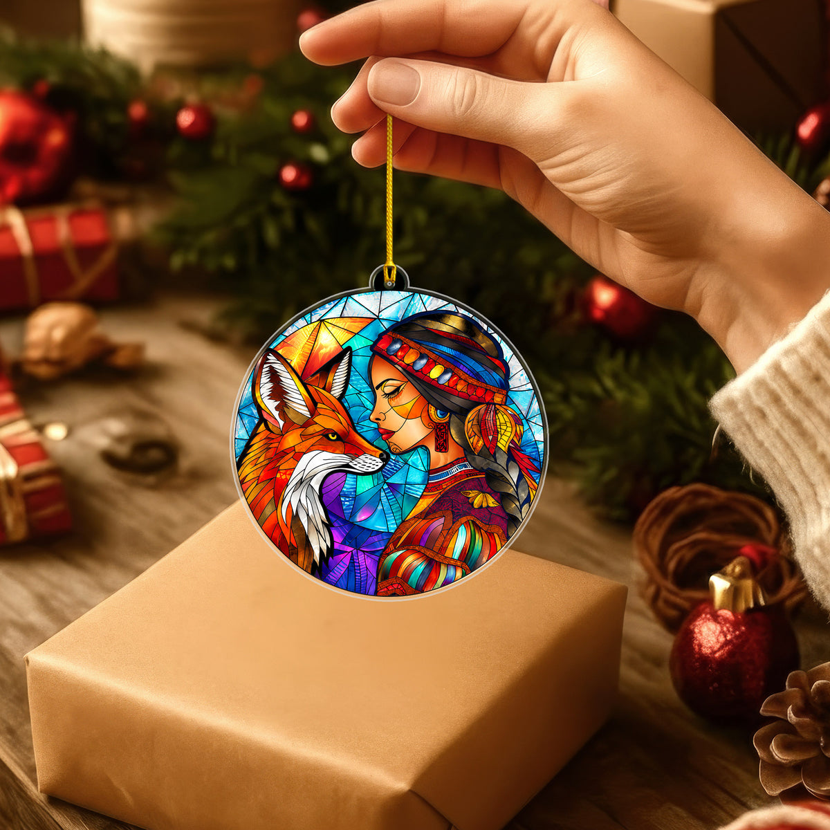 Native American Woman & Fox Stained Glass Acrylic Ornament