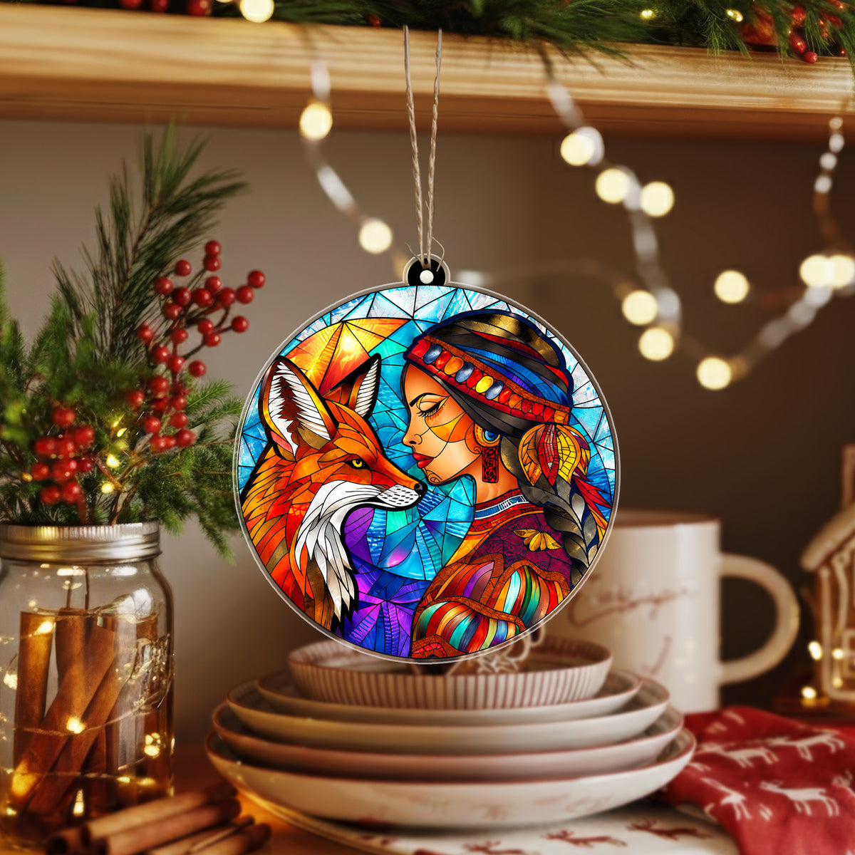 Native American Woman & Fox Stained Glass Acrylic Ornament