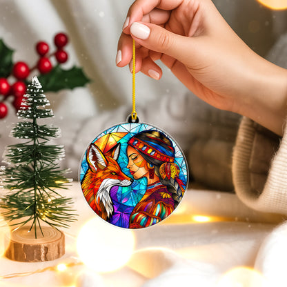Native American Woman & Fox Stained Glass Acrylic Ornament