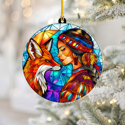 Native American Woman & Fox Stained Glass Acrylic Ornament