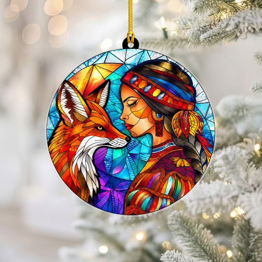 Native American Woman & Fox Stained Glass Acrylic Ornament