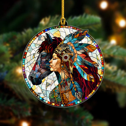Native American Woman & Horse Stained Glass Acrylic Ornament