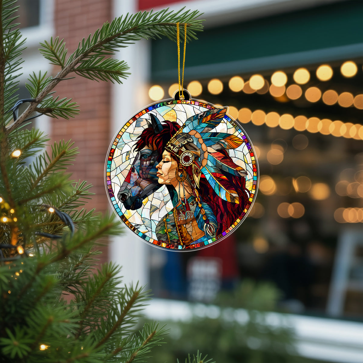 Native American Woman & Horse Stained Glass Acrylic Ornament