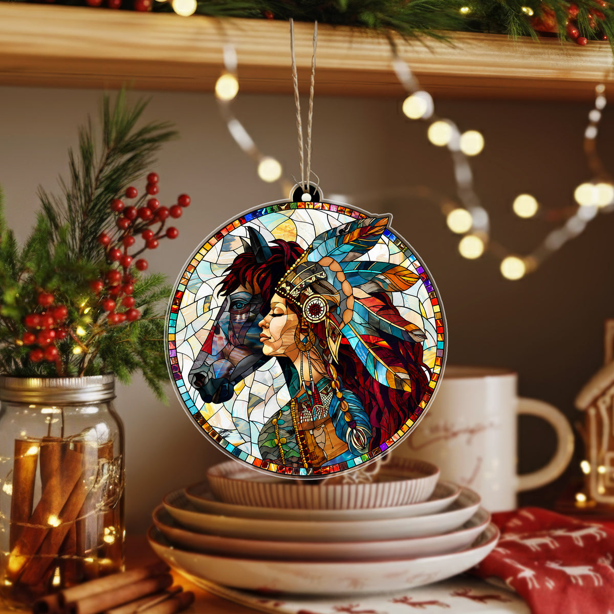 Native American Woman & Horse Stained Glass Acrylic Ornament