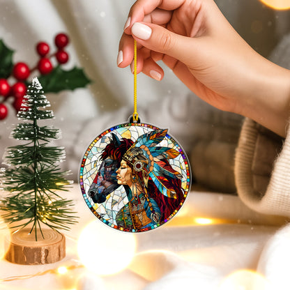 Native American Woman & Horse Stained Glass Acrylic Ornament