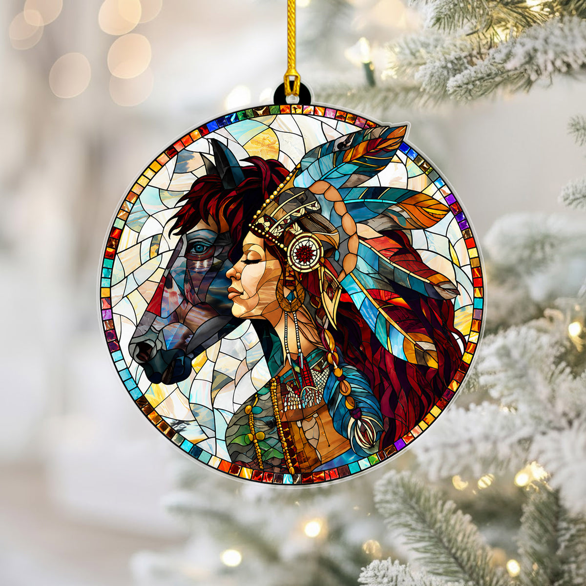 Native American Woman & Horse Stained Glass Acrylic Ornament